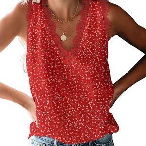 NWOT Red Floral Top with Lace Trim